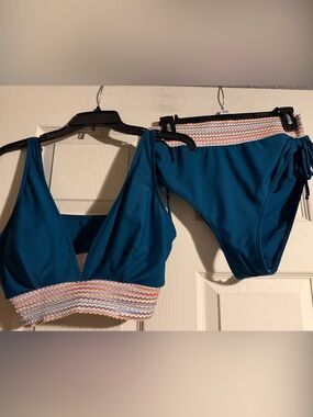 Teal Bikini Set with Multicolor Smocked Waistband large